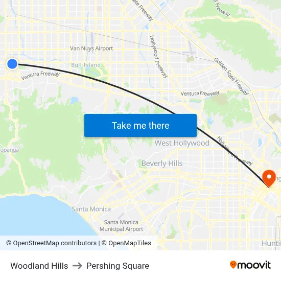 Woodland Hills to Pershing Square map
