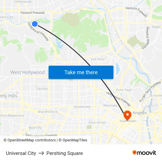 Universal City to Pershing Square map