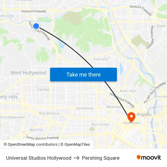 Universal Studios Hollywood to Pershing Square map
