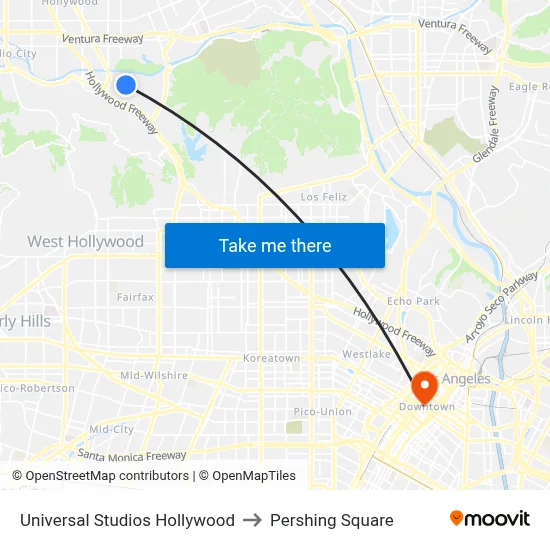 Universal Studios Hollywood to Pershing Square map
