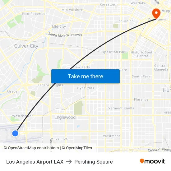 Los Angeles Airport LAX to Pershing Square map