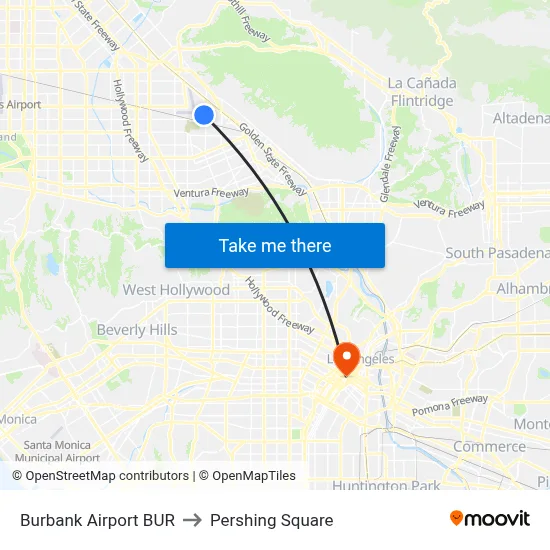 Burbank Airport BUR to Pershing Square map