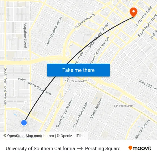 University Of Southern California to Pershing Square map