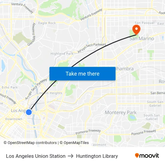 Los Angeles Union Station to Huntington Library map