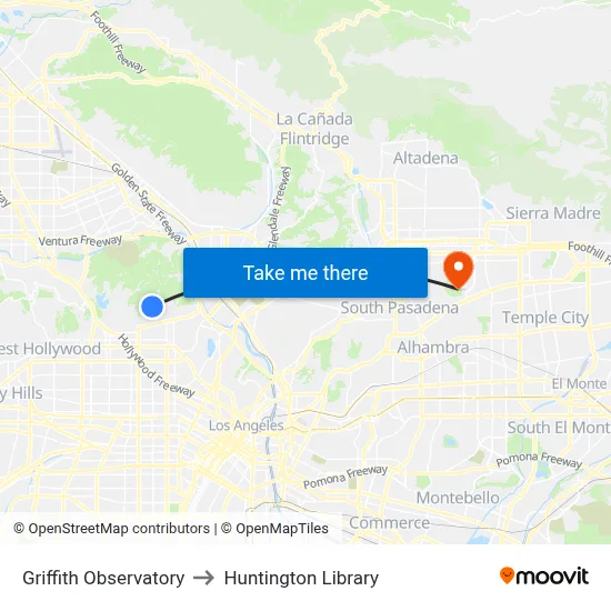 Griffith Observatory to Huntington Library map