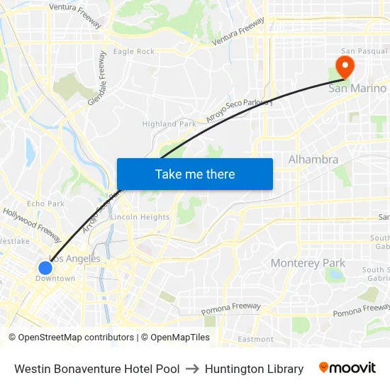 Westin Bonaventure Hotel Pool to Huntington Library map