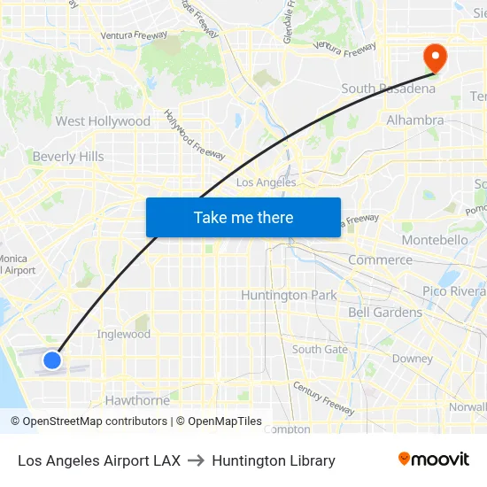 Los Angeles Airport LAX to Huntington Library map