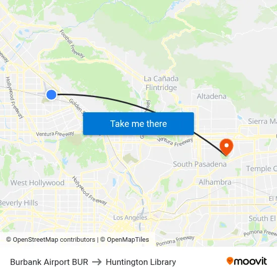 Burbank Airport BUR to Huntington Library map