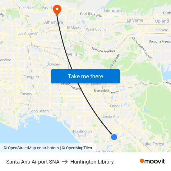 Santa Ana Airport SNA to Huntington Library map