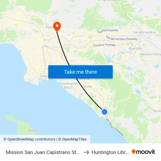 Mission San Juan Capistrano Station to Huntington Library map