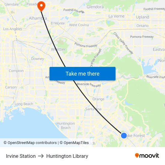 Irvine Station to Huntington Library map