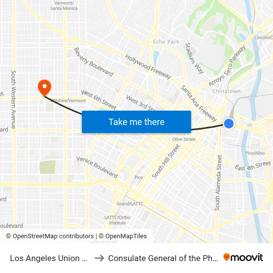 Los Angeles Union Station to Consulate General of the Philippines map