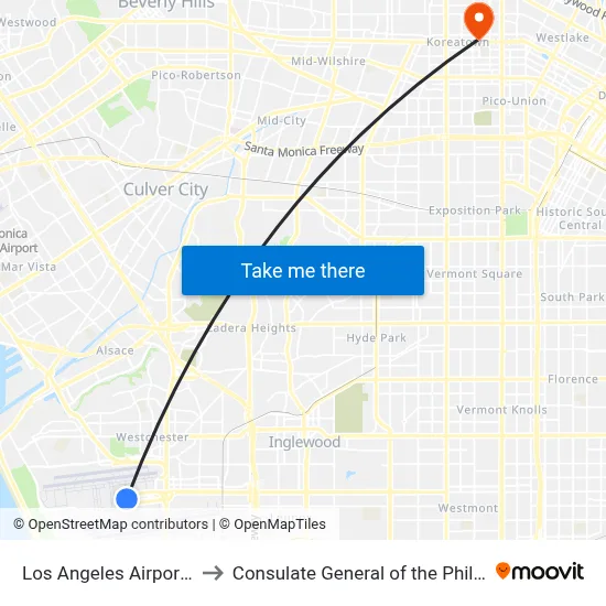Los Angeles Airport LAX to Consulate General of the Philippines map