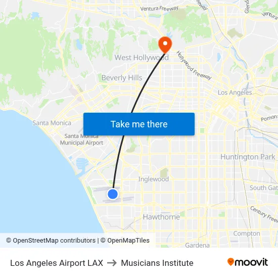 Los Angeles Airport LAX to Musicians Institute map