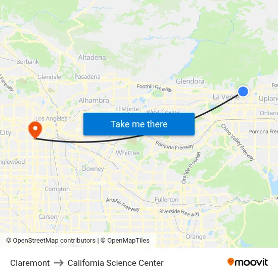 Claremont to California Science Center map