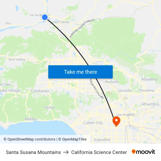 Santa Susana Mountains to California Science Center map