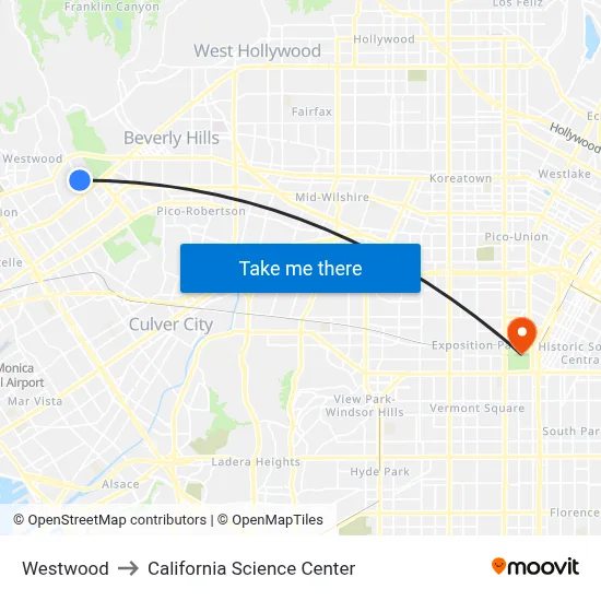 Westwood to California Science Center map