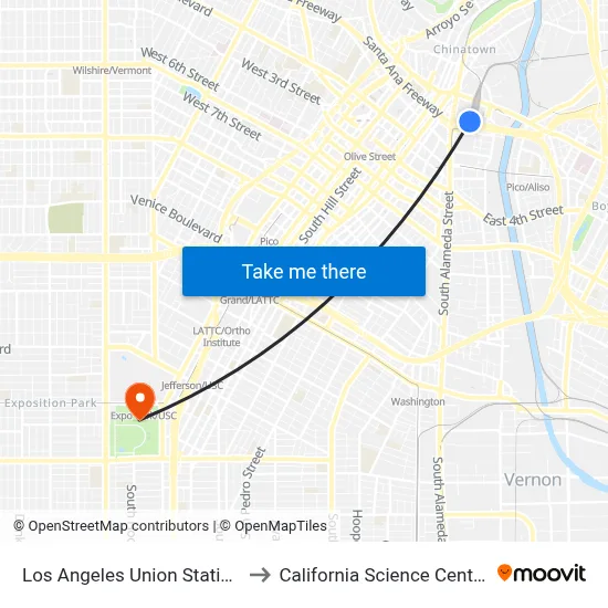 Los Angeles Union Station to California Science Center map