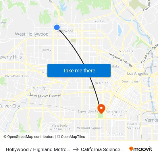 Hollywood / Highland Metro Station to California Science Center map