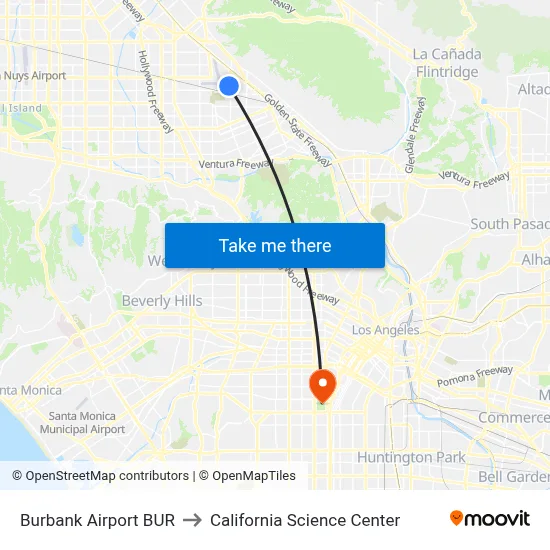 Burbank Airport BUR to California Science Center map