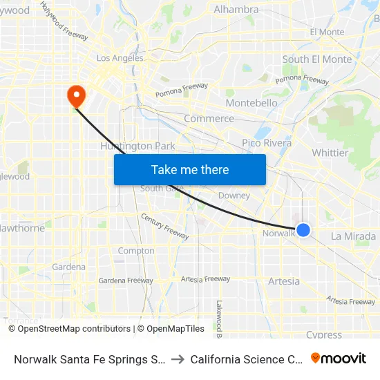 Norwalk Santa Fe Springs Station to California Science Center map