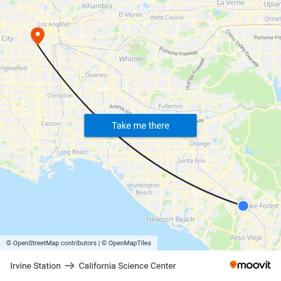 Irvine Station to California Science Center map