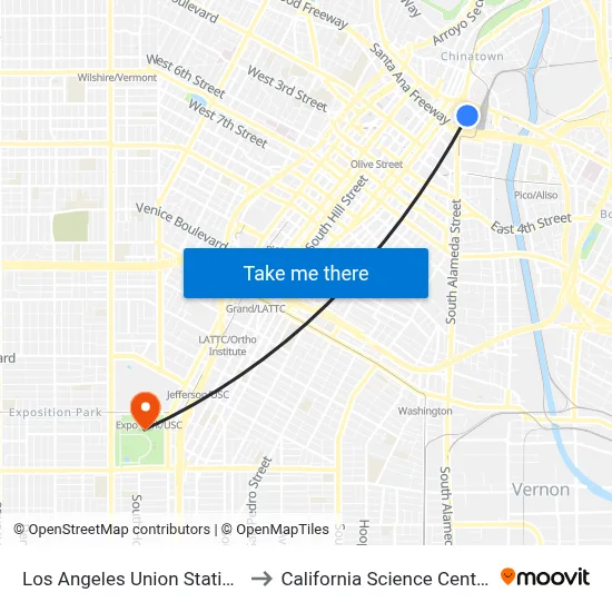 Los Angeles Union Station to California Science Center map