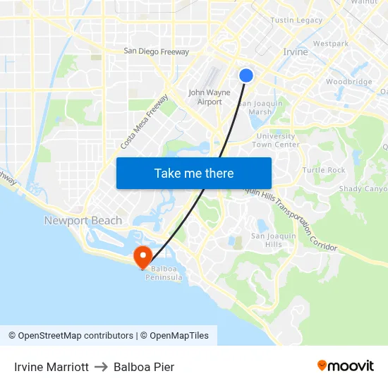 Irvine Marriott to Balboa Pier map