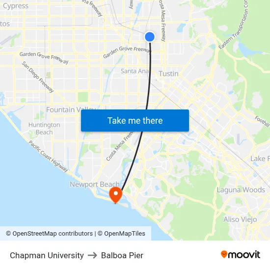 Chapman University to Balboa Pier map