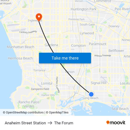 Anaheim Street Station to The Forum map