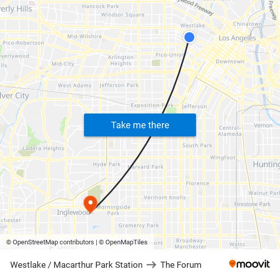 Westlake / Macarthur Park Station to The Forum map