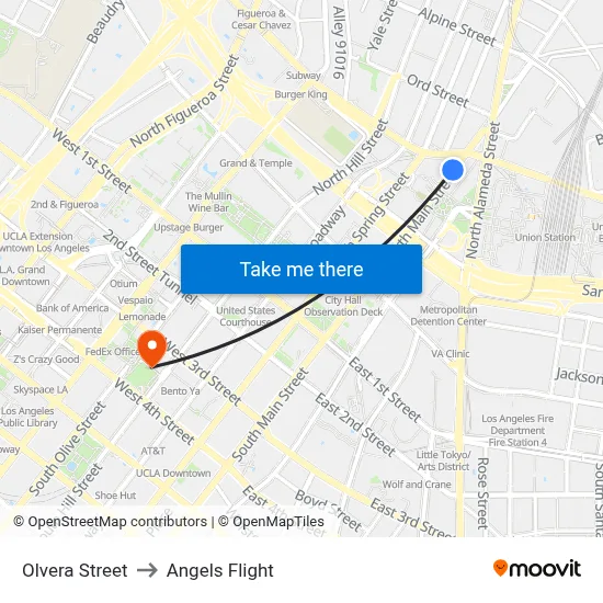 Olvera Street to Angels Flight map