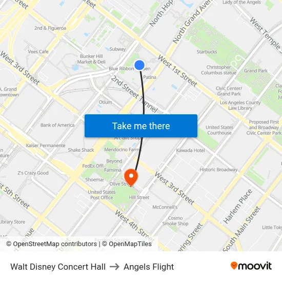 Walt Disney Concert Hall to Angels Flight map