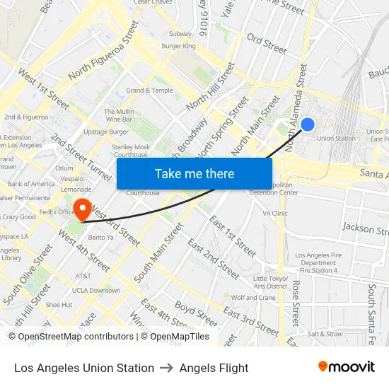 Los Angeles Union Station to Angels Flight map