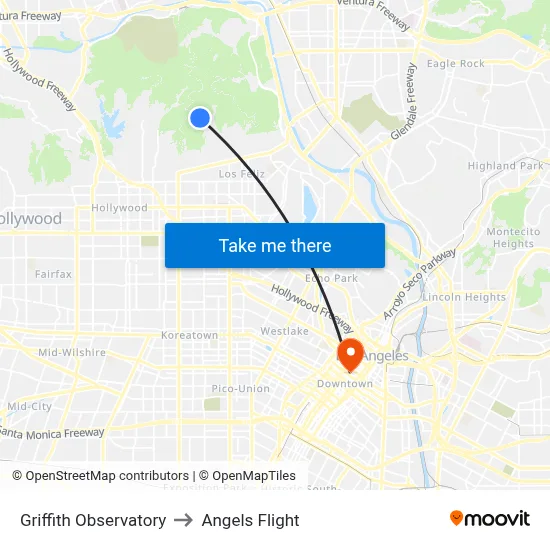 Griffith Observatory to Angels Flight map