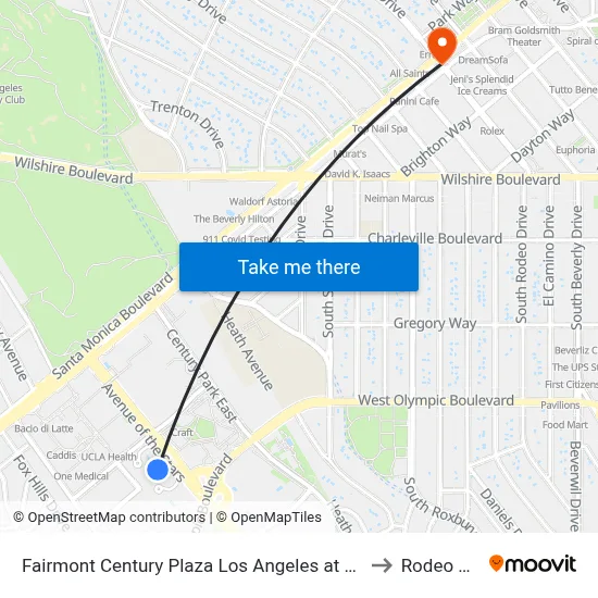 Fairmont Century Plaza Los Angeles at Beverly Hills to Rodeo Drive map