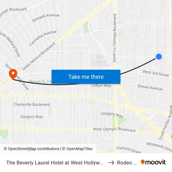 The Beverly Laurel Hotel at West Hollywood, Los Angeles to Rodeo Drive map