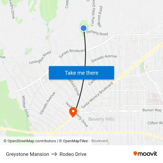 Greystone Mansion to Rodeo Drive map