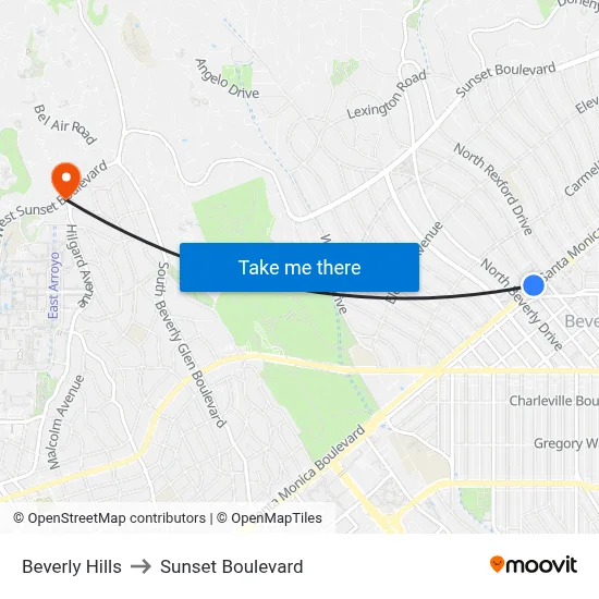 Beverly Hills to Sunset Boulevard map