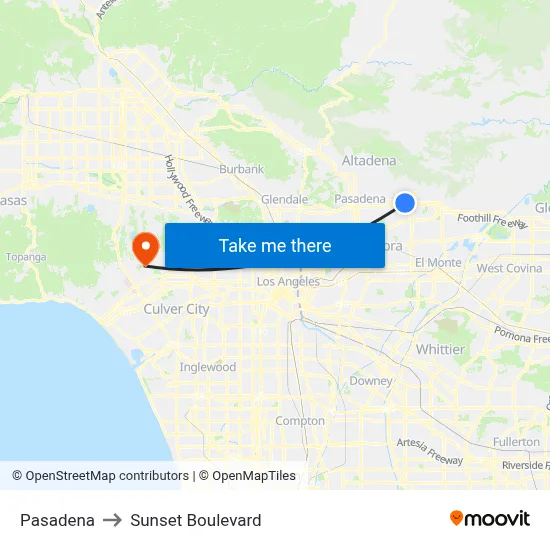 Pasadena to Sunset Boulevard map