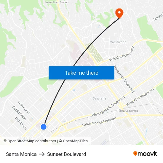 Santa Monica to Sunset Boulevard map