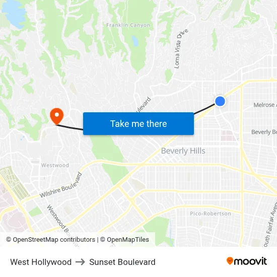 West Hollywood to Sunset Boulevard map