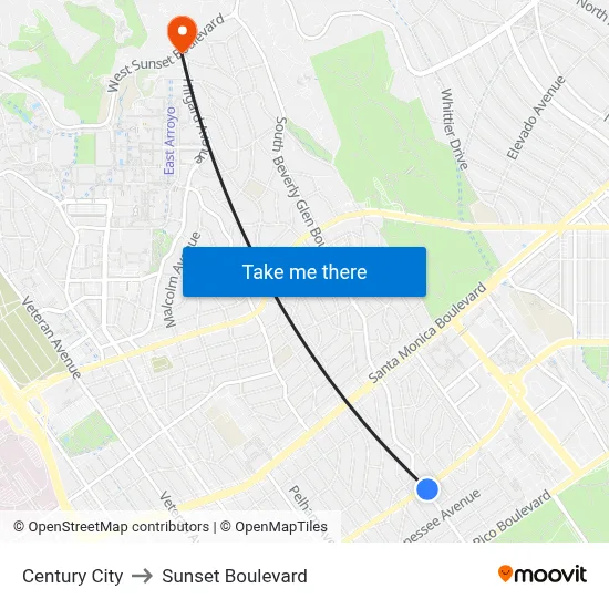 Century City to Sunset Boulevard map
