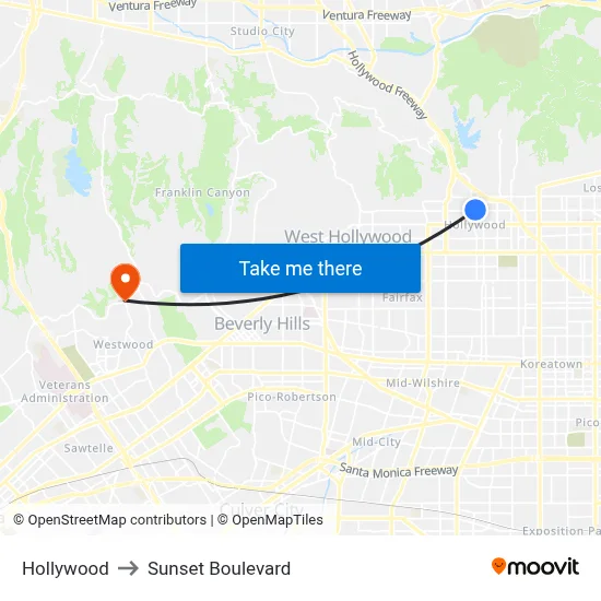 Hollywood to Sunset Boulevard map