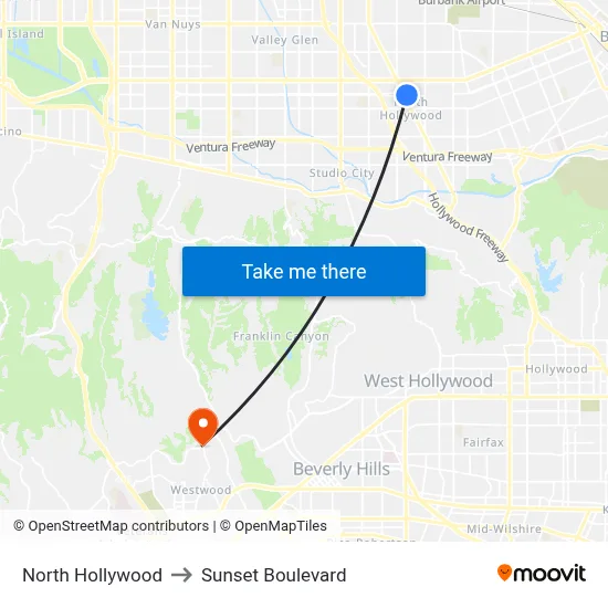 North Hollywood to Sunset Boulevard map