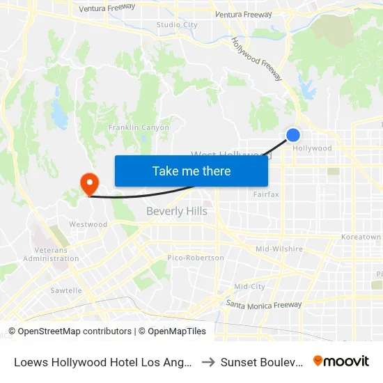 Loews Hollywood Hotel Los Angeles to Sunset Boulevard map