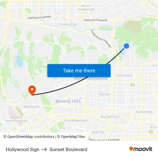 Hollywood Sign to Sunset Boulevard map