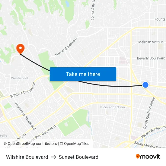 Wilshire Boulevard to Sunset Boulevard map