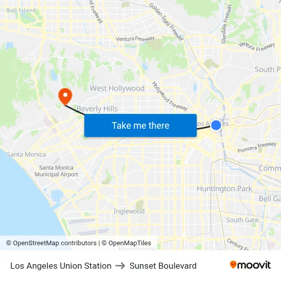 Los Angeles Union Station to Sunset Boulevard map