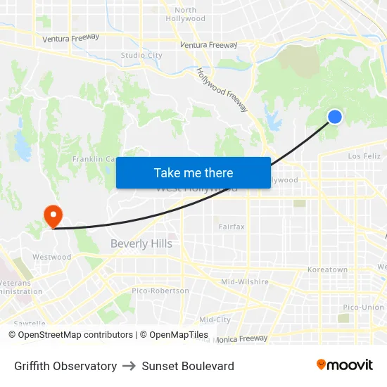 Griffith Observatory to Sunset Boulevard map